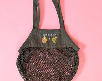 Don't Forget Your Fruit + Veg Bag | Organic Cotton Mesh Grocery Bag | Embroidered Bag