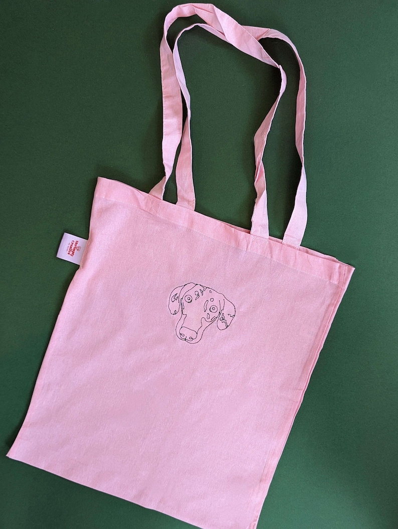 Custom Embroidered Line Drawing Pet Portrait Tote Bag Embroidered Outline Pet Portrait Tote Bag Pink