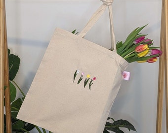 Tulip Embroidered Tote Bag | Spring Embroidered Tote Bag