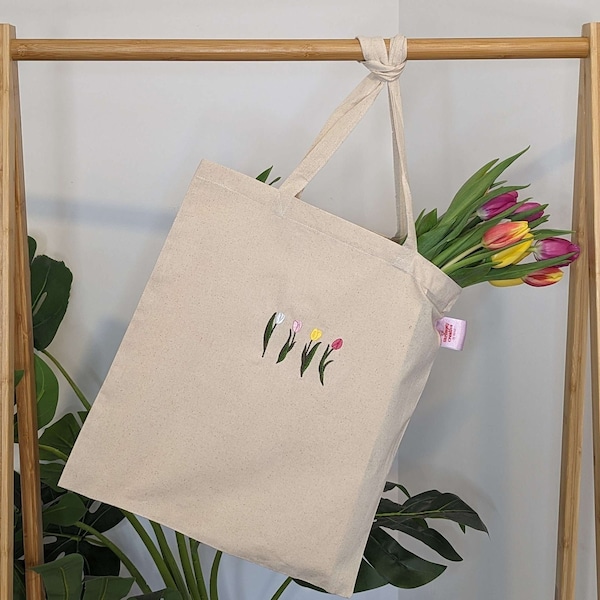 Tulip Embroidered Tote Bag | Spring Embroidered Tote Bag