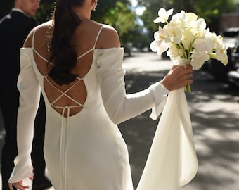 Open back wedding dress, long sleeves wedding dress, civil minimalist wedding dress with sleeves, elegant wedding dress | Lika