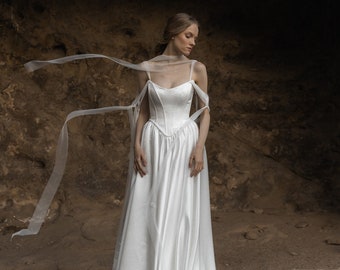 Satin white wedding dress, corset wedding dress, a-line off shoulder wedding dress, victorian wedding dress, low waist wedding dress| Merit