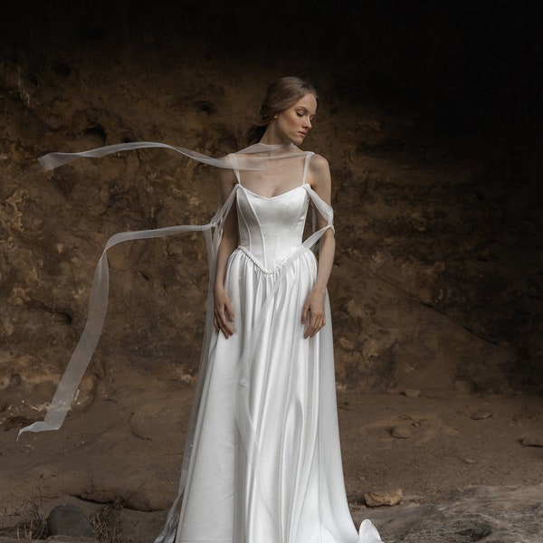 Abito da sposa in raso bianco con corsetto e spacco – Abito da sposa lungo fino a terra, realizzato su misura
