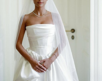 May include: A bride wearing a white strapless wedding dress with a long veil. The dress has a fitted bodice and a flowing skirt. She is standing in front of a white door.