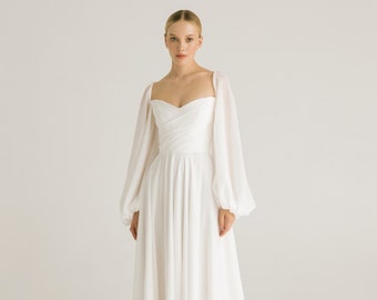 Robe de mariée en mousseline à manches longues, robe de mariée à manches, robe de mariée à train long, robe en mousseline romantique | Kris