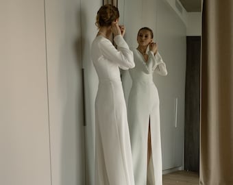 Crepe wedding dress with sleeves, winter dress with sleeves, long sleeve white off wedding dress, a-line skirt wedding gown |Monika