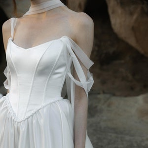 White Satin Wedding Dress with Corset and Slit – Floor Length Bridal Gown, Standard or Made to Measure| Merit