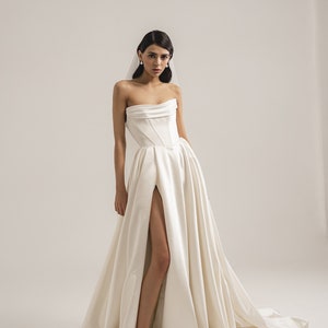 Ivory Satin Wedding Dress with Corset and Slit – Floor Length Bridal Gown, Custom Size| Natin