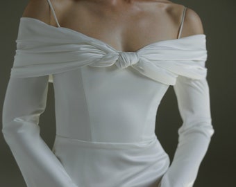 Off-the-shoulder elegant wedding dress with sleeves and slit, satin white off dress, civil modest wedding dress, corset dress| Sheila