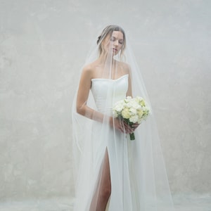 Off-the-shoulder corset wedding dress, satin wedding dress, wedding dress with cut, classic white wedding dress, simple wedding dress|Anessa