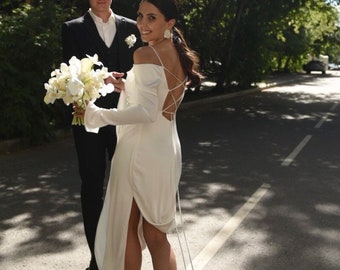 White silk wedding dress, long sleeve white wedding dress, civil minimalist wedding dress with train, open back white wedding dress | Lika