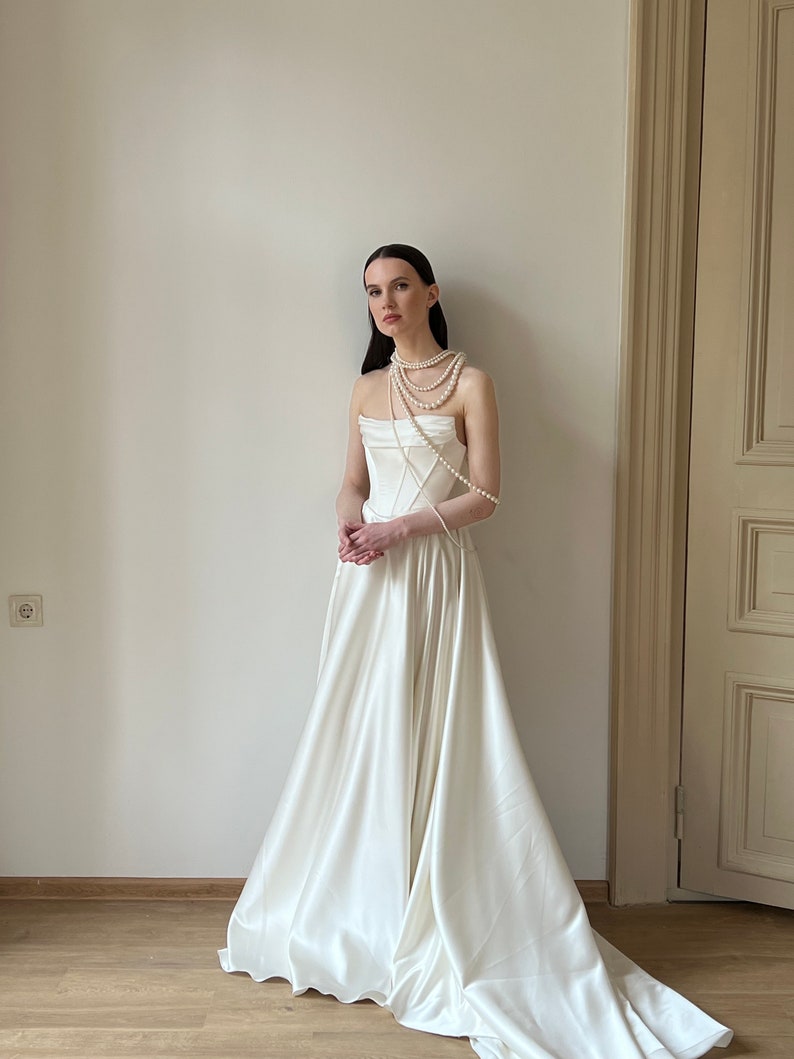 Satin ivory wedding dress, corset wedding dress, a-line off shoulder wedding dress, victorian wedding dress, low waist wedding dress Natin image 1
