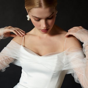 Minimalistic wedding dress with sleeves, off-shoulder minimalistic wedding dress, elegant satin wedding dress, sheath wedding dress| Tiana