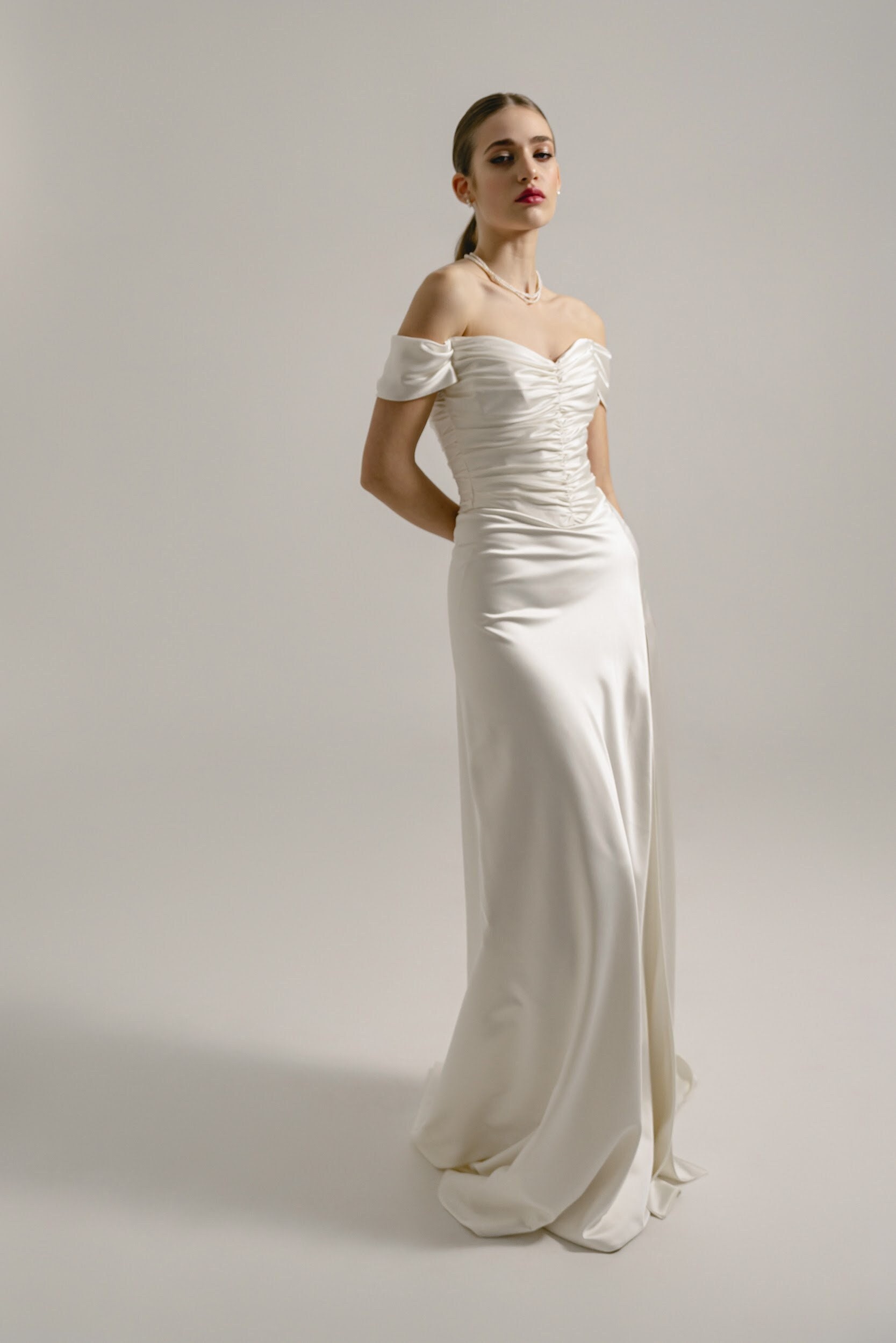 Off The Shoulder Sleeveless Wedding Dress With Split Front/Bow(s) main image 1