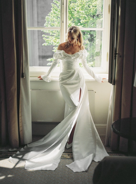 White Satin Wedding Dress, Long Sleeve Strait Skirt Wedding Dress, Civil Wedding  Dress With Split, Open Back White Wedding Dress | Ksenia - Etsy Canada