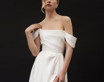 Robe de mariée corset à épaules dénudées, robe de mariée en satin avec coupe, robe de mariée élégante | Lilas