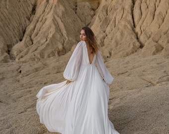 Romantic wedding dress with long sleeves, long train wedding dress, chiffon bridal gown, off white color wedding dress | Kate