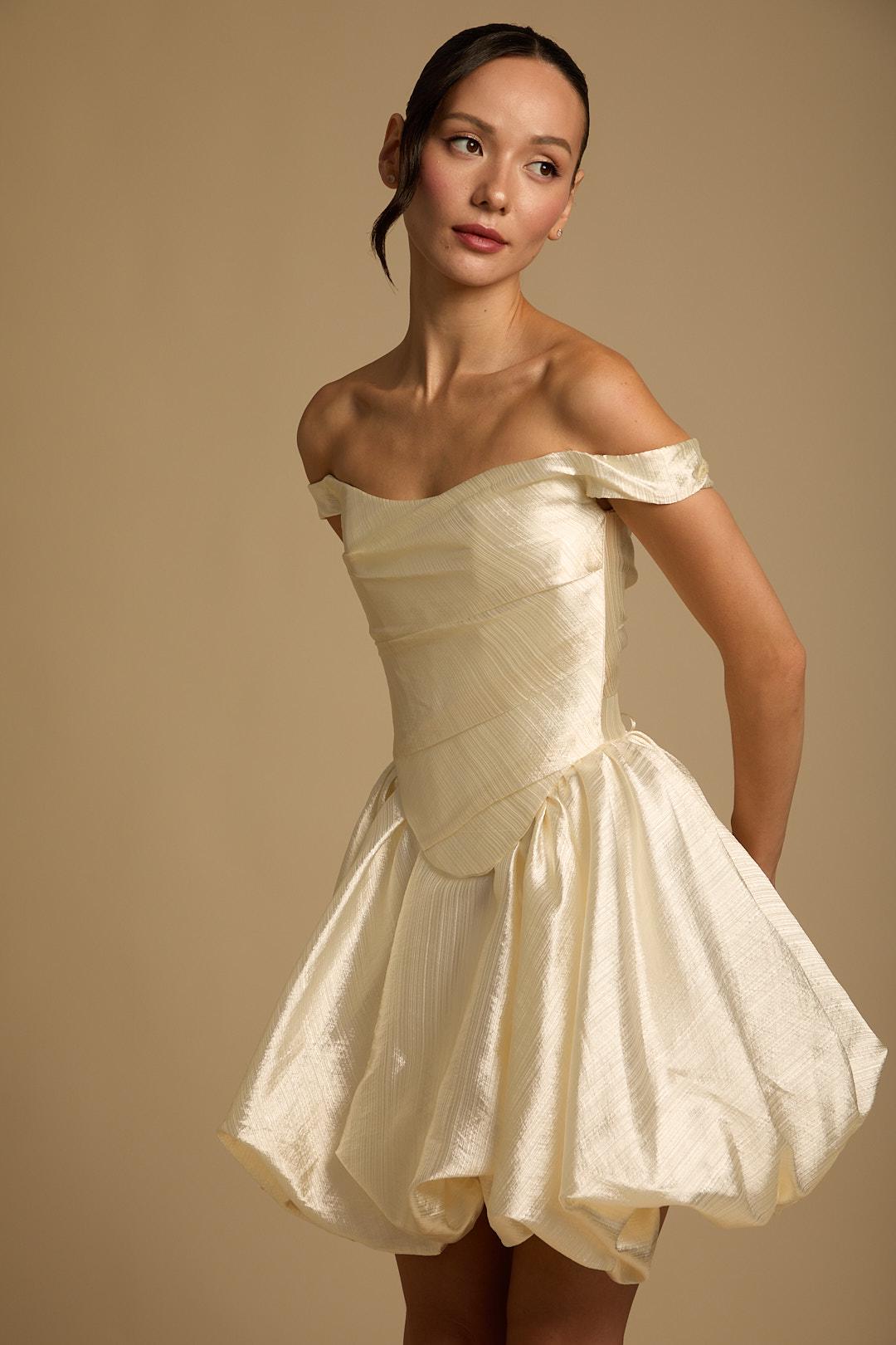 ADELINA mini | Satin ivory mini corset wedding dress, a-line off shoulder low waist mini reception dress short wedding dress