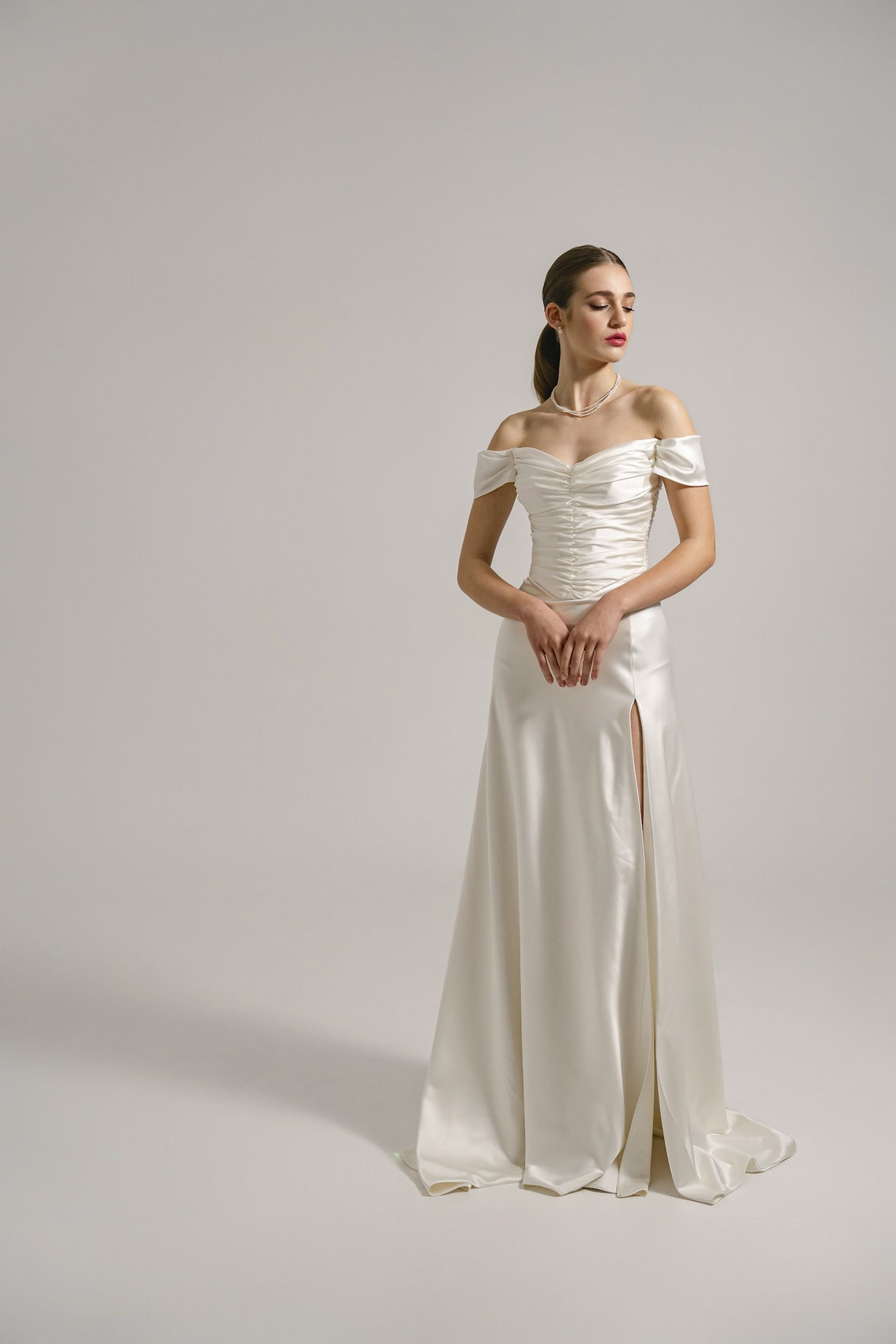 Charmeuse Off-The-Shoulder Wedding Dress with Split main image 0