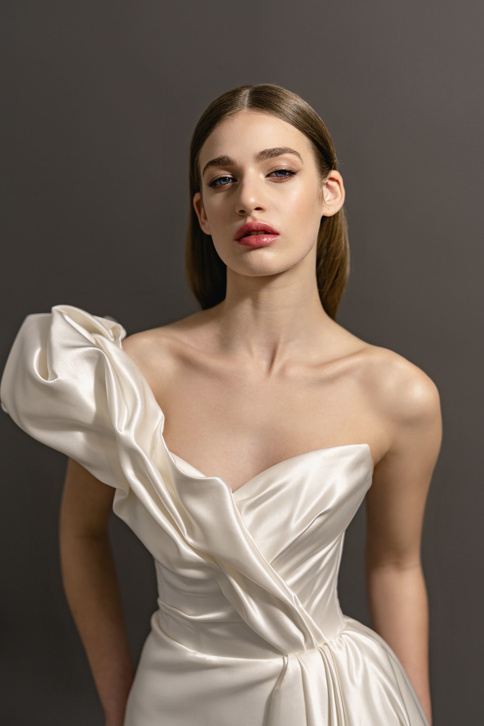 One Shoulder Satin Ivory Wedding Guest Dress