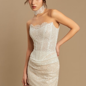 CHLOE MINI | Conjunto de novia corto de encaje – Vestido de recepción con corsé y falda, ceremonia civil