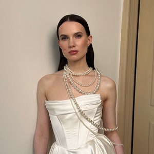 Satin ivory wedding dress, corset wedding dress, a-line off shoulder wedding dress, victorian wedding dress, low waist wedding dress Natin image 2