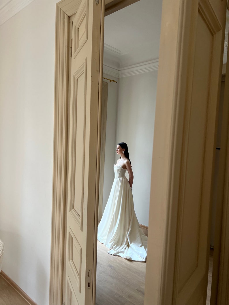 Satin ivory wedding dress, corset wedding dress, a-line off shoulder wedding dress, victorian wedding dress, low waist wedding dress Natin image 9