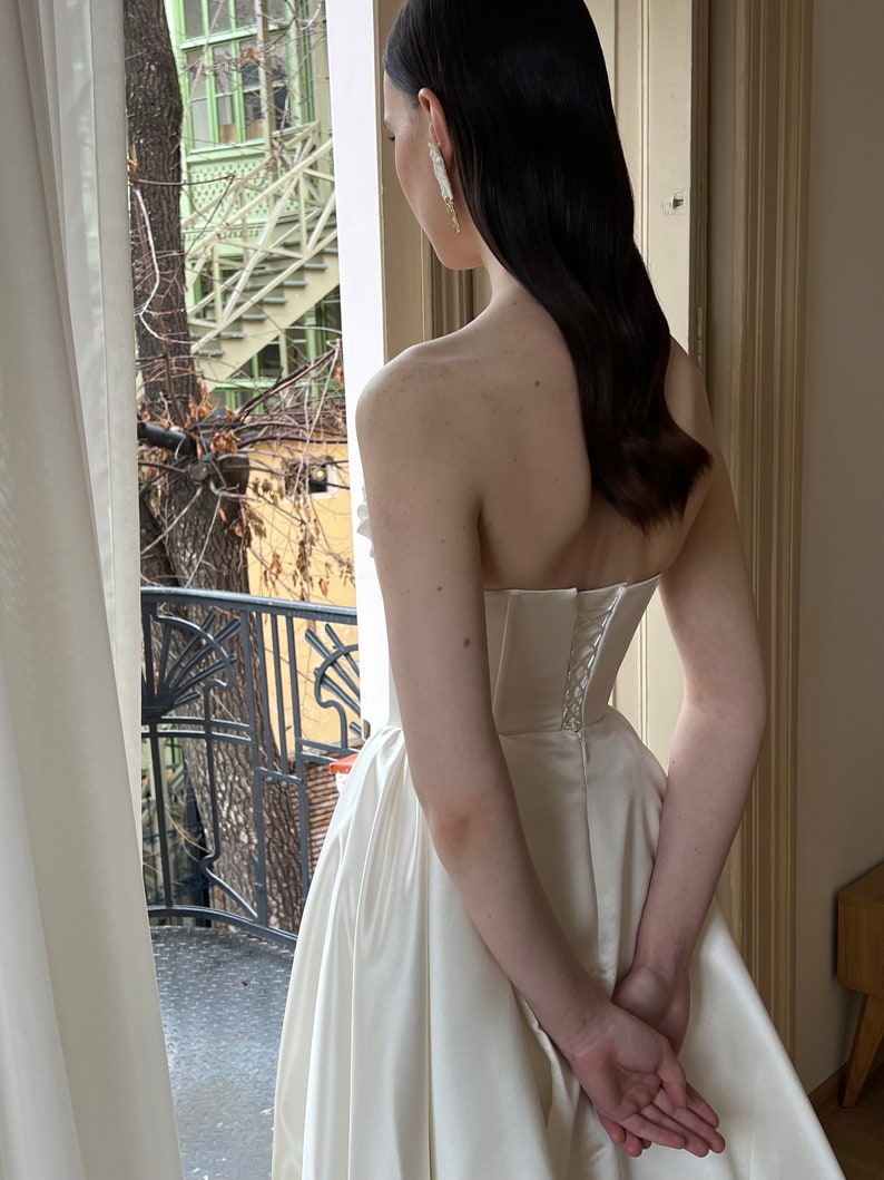 Satin ivory wedding dress, corset wedding dress, a-line off shoulder wedding dress, victorian wedding dress, low waist wedding dress Natin image 7