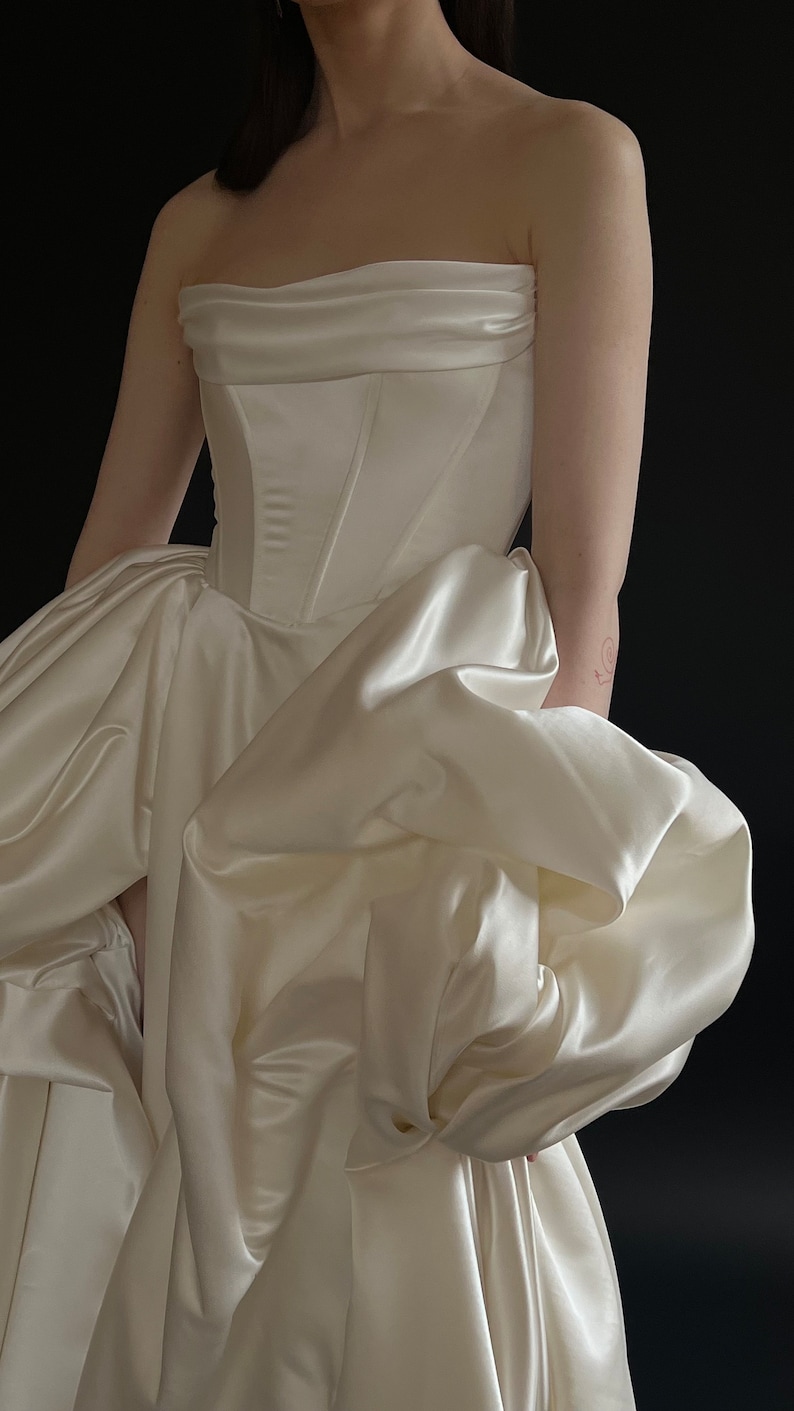 Satin ivory wedding dress, corset wedding dress, a-line off shoulder wedding dress, victorian wedding dress, low waist wedding dress Natin image 4