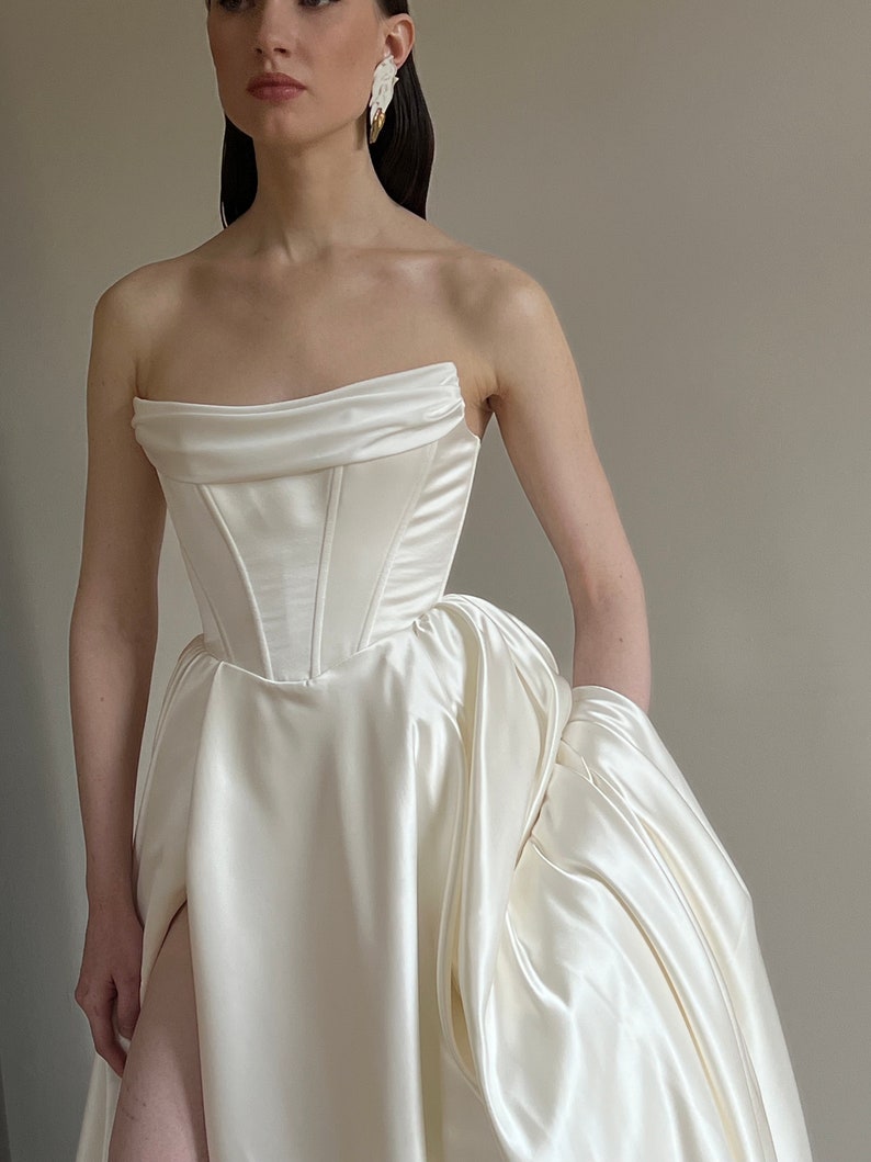 Satin ivory wedding dress, corset wedding dress, a-line off shoulder wedding dress, victorian wedding dress, low waist wedding dress Natin image 8