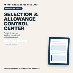 以下が含まれることがあります： 9つの接続されたシートを備えたSelection & Allowance Control CenterというタイトルのプロフェッショナルなExcelテンプレート。インタラクティブなダッシュボード、選択レジスター、ベンダー見積比較、および5ページのクイックスタートPDFガイドが含まれています。