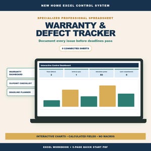 May include: A digital spreadsheet template titled New Home Excel Control System Warranty & Defect Tracker. It features an interactive dashboard with bar charts, a 50-point checklist, and a deadline planner. The interface displays data for total defects, critical open issues, checklist points, and late commitments.