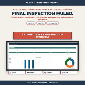 Construction Permit Tracker Excel | Inspection Correction Closeout and Certificate Dashboard for Contractors