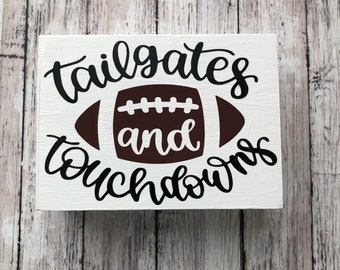 Tailgates and Touchdowns Football Sign: Reclaimed Wood Tiered Tray Decor