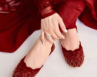 Red Velvet Bridal Juttis | Pearl Embellished Khussa Shoes