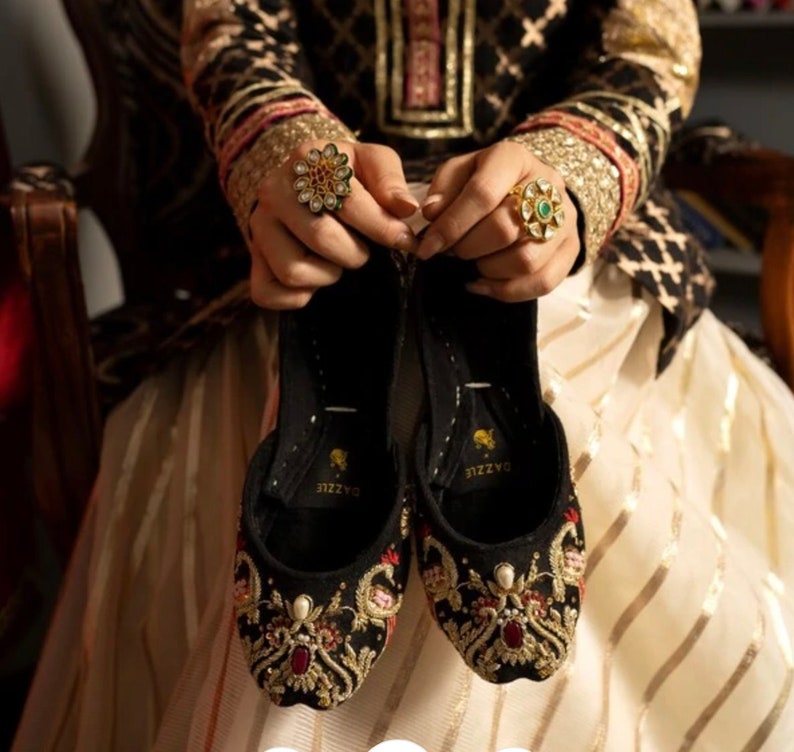 Handmade Royal Velvet Khussa, Gold Indian Juttis, Bridal Footwear image 6