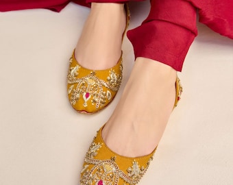 Handmade Mustard Jutti, Silk Embroidered Indian Ballet Flats