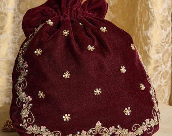 Maroon Velvet Potli Bag, Zardozi Embroidery, Bridal Purse