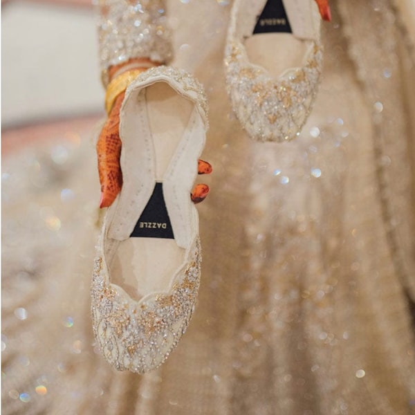 Pearl Ice White Bridal Ballet Pumps, Handmade White Jutti for Elegant Bridal Shoes
