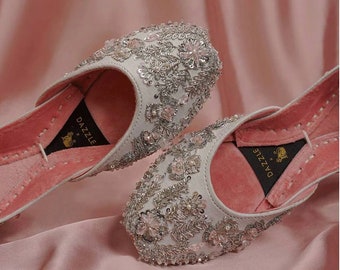 Silver Embroidered Juttis, Handmade Raw Silk Khussa, Bridal Shoes