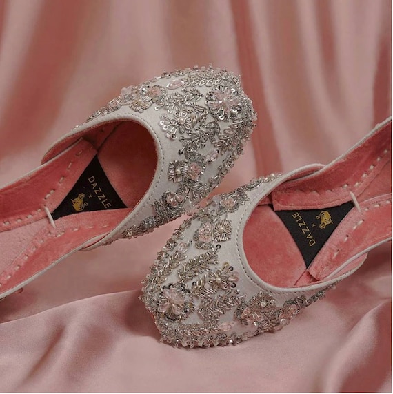 Silver Embroidered Juttis, Handmade Raw Silk Khussa, Bridal Shoes