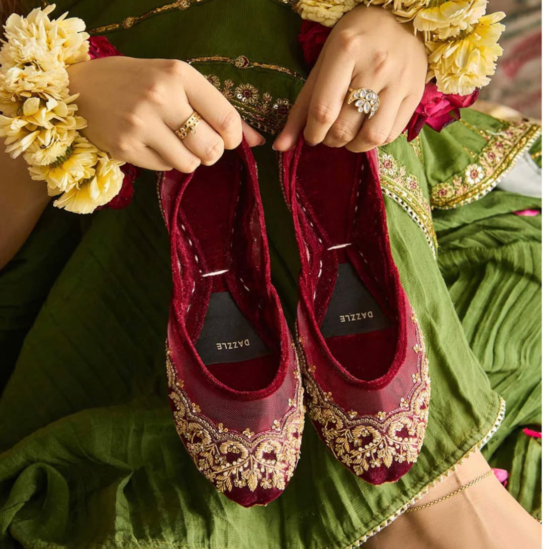 Maroon Bridal Juttis, Handcrafted Khussa Pumps and Customisable - Main Image