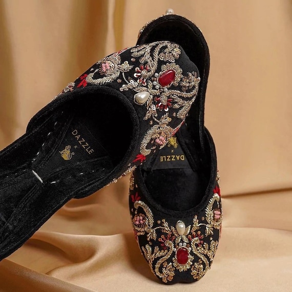 Handmade Royal Velvet Khussa, Gold Indian Juttis, Bridal Footwear