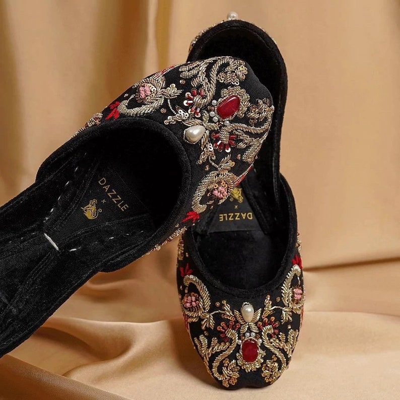 Handmade Royal Velvet Khussa, Gold Indian Juttis, Bridal Footwear image 1