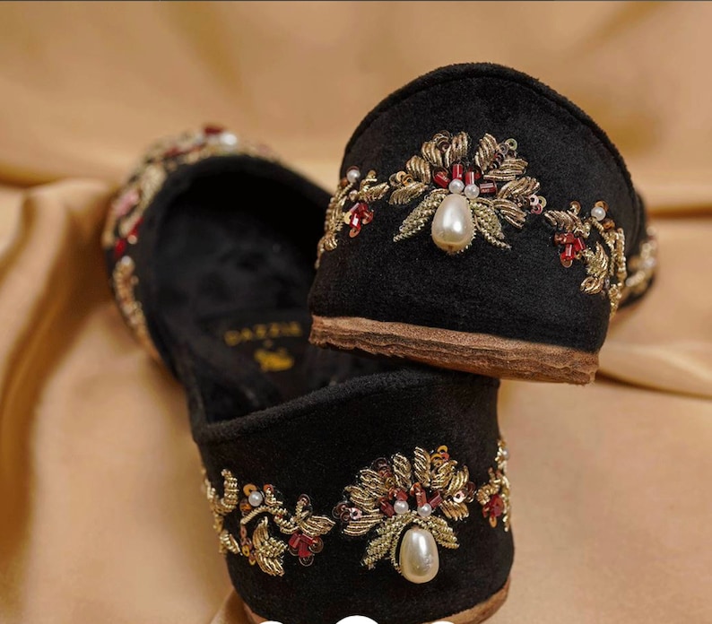Handmade Royal Velvet Khussa, Gold Indian Juttis, Bridal Footwear image 2
