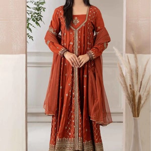 maria b orange dress Embroidered Paper Cotton Orange Stitched Suit