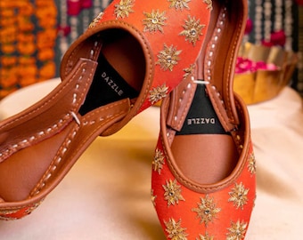 Orange Juttis Flats, Hand Embroidered Khussa Shoes