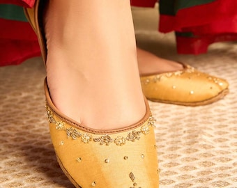 Handcrafted Gold Bridal Juttis, Embroidered Indian Mojaris