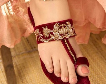 Handmade Maroon Velvet Kolhapuri Sandals, Embroidered Indian Chappal