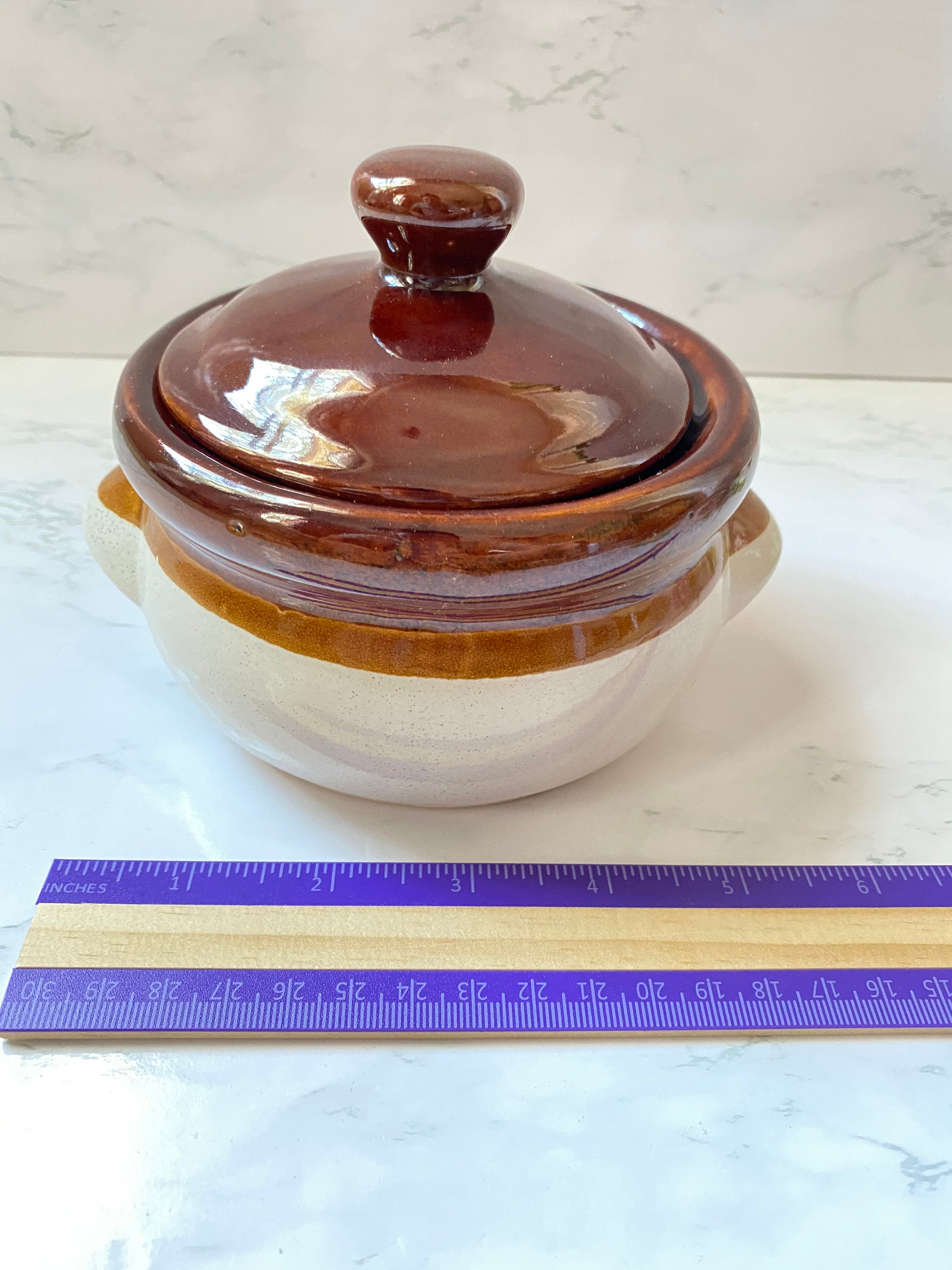 Vintage Stoneware Cream and Brown Soup Bowl Set 